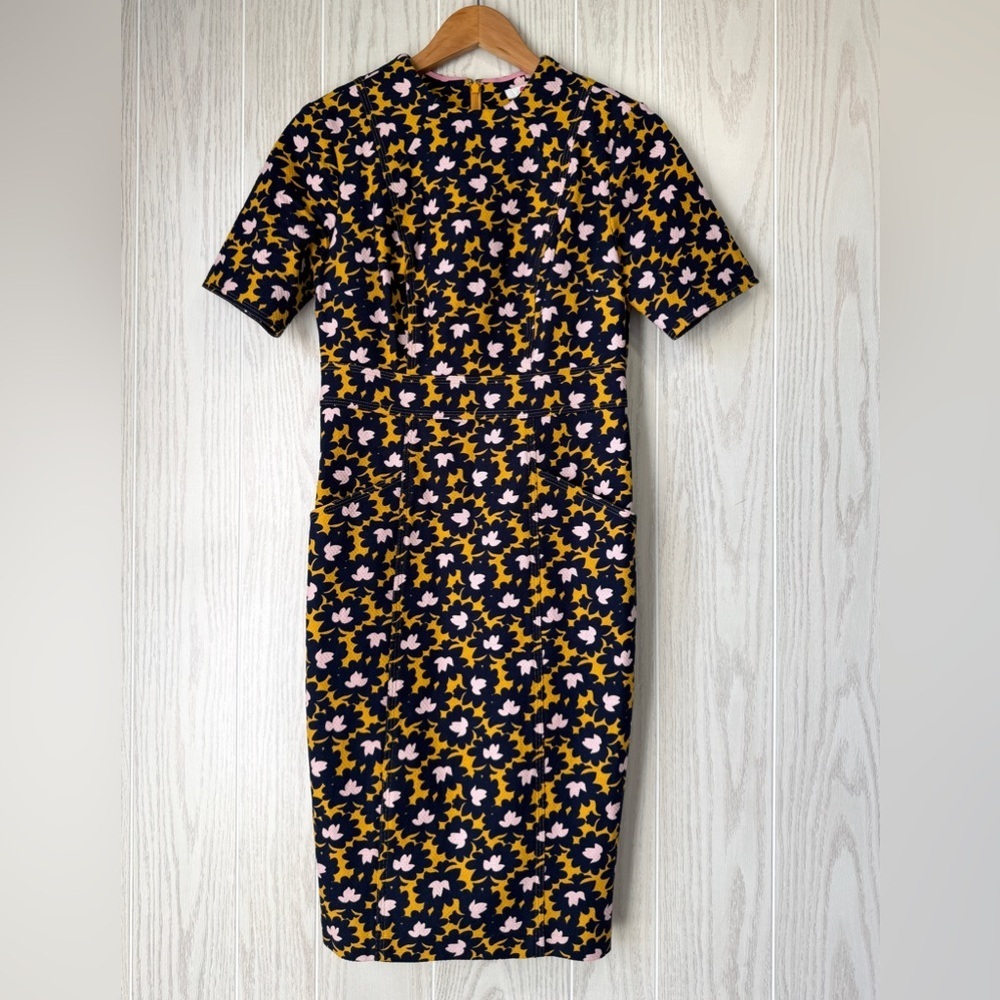 Bowden UK 8 / US 4R Navy Yellow Floral Jacquard Sheath Dress